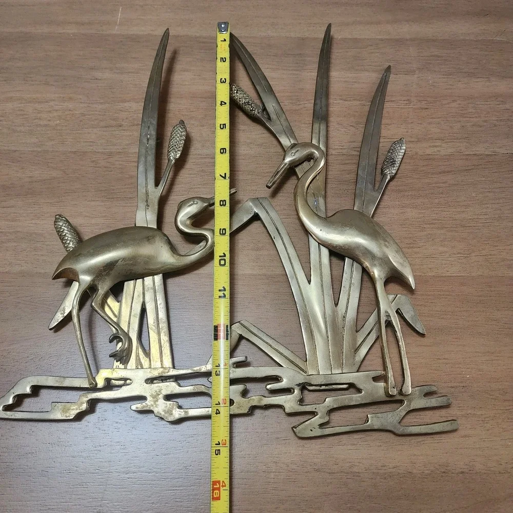 Brass MCM Crane Egret Heron In‎ Reeds Wall Hanging Decor Vintage Trending